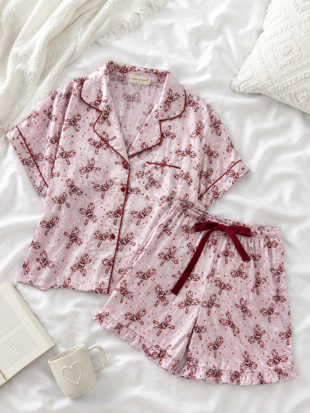 Simply Southern Pajama Set XL Satin Button-up Top Ruffle Shorts Candy Cane Bows